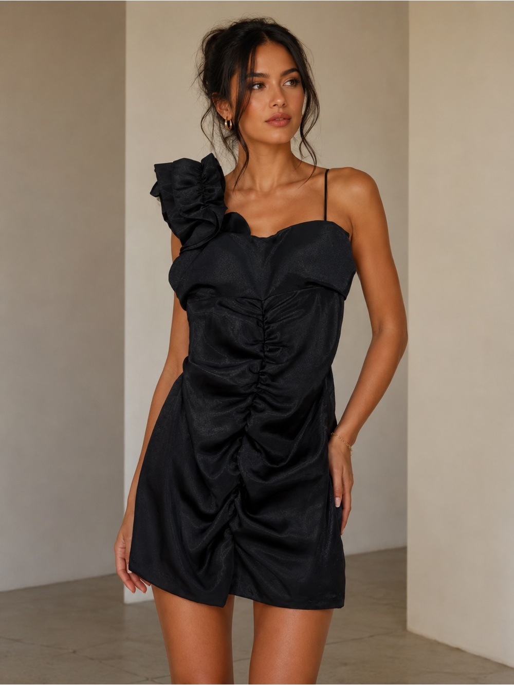 Black One-Shoulder Ruched Cocktail Dress size M